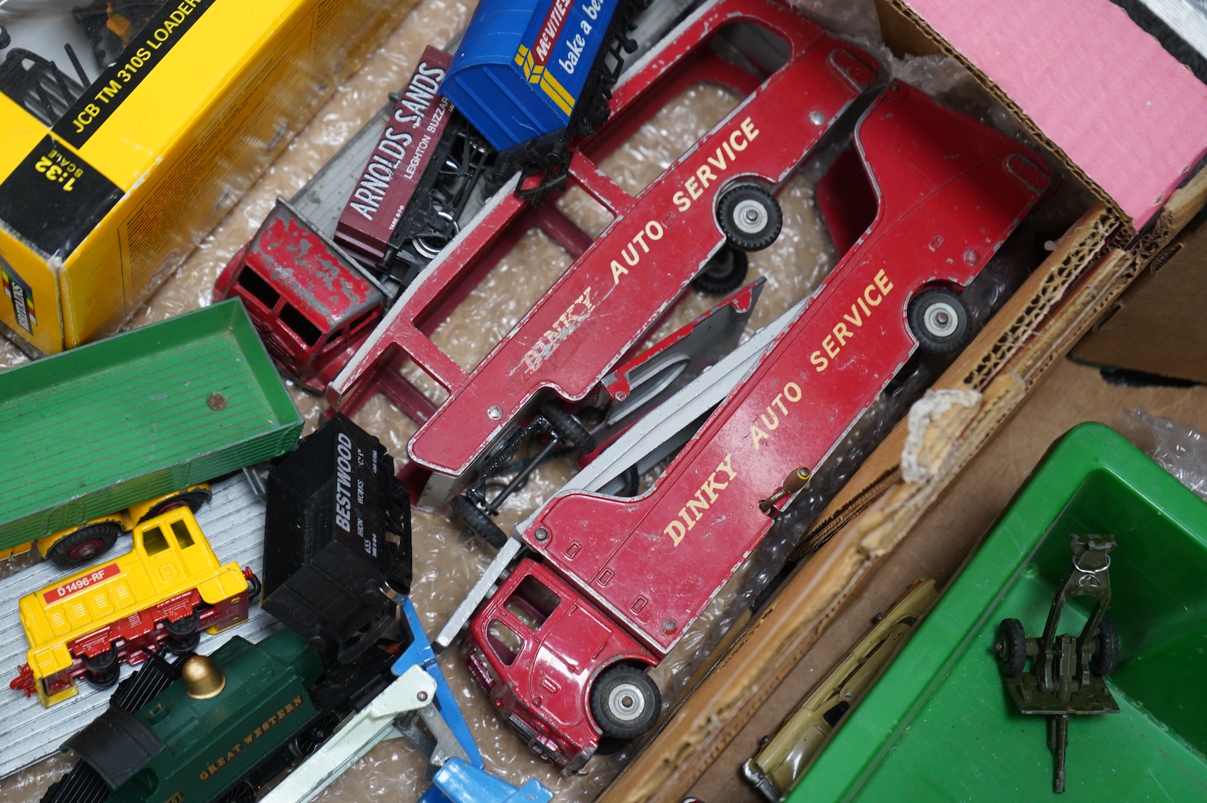 A quantity of 1950s/60s Dinky Toys, Corgi Toys, Matchbox Series, etc. including two boxed Dinky Supertoys; BBC T.V. Mobile Control Room (967), BBC T.V. Roving Eye Vehicle (968), together with unboxed vehicles including;